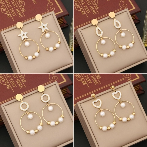 Orecchini Pendenti In Acciaio Inossidabile Con Künstliche Perle Sintetiche E Strass Forme Cuore Stella Placcati Oro Gioielli Eleganti