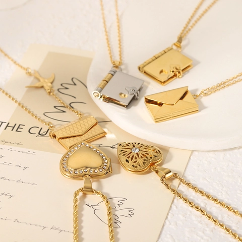Stainless Steel Pendant Necklace 18K Gold Plated Openable Book Heart Locket Envelope Bird Vintage Jewelry For Women