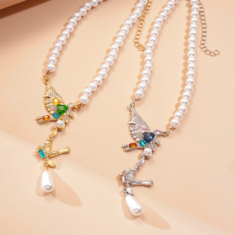 Collar Y Pendientes Pájaro Volador Circón Colorido Corazón Piedra Azul Perla Artificial Imitación Colgante Gota Joyería Mujeres