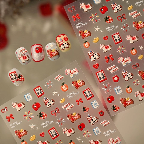 3D Embossed Nail Art Stickers Cartoon Pony Apple Fireworks Festive Red New Year DIY Manicure Decoration Adhesive Decals