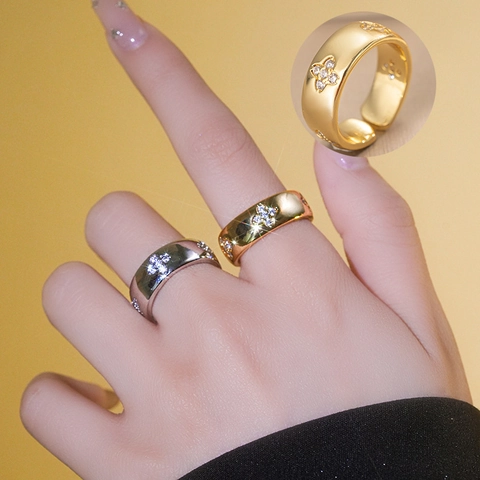 Verstellbarer Kupferring Mit Kleeblatt Und Zirkonia Funkelnder Strass Breiter Ring Modeschmuck Für Damen Geschenk