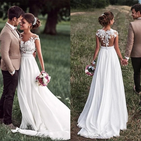 Mouwloze Trouwjurk Kant Chiffon Elegant Rugloos Bruidsjurk Vloerlengte Knoopsluiting Ivoor Vrouwen
