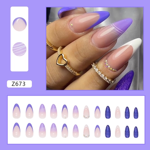 Mandelform Aufklebbare Nägel Lila Rosa Farbverlauf French Tip Strass Glitzer Modische Künstliche Nägel