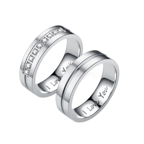 Stainless Steel I Love You Engraved Couple Ring Gold Silver Rhinestone Inlaid Fashion Jewelry Wedding Band Gift