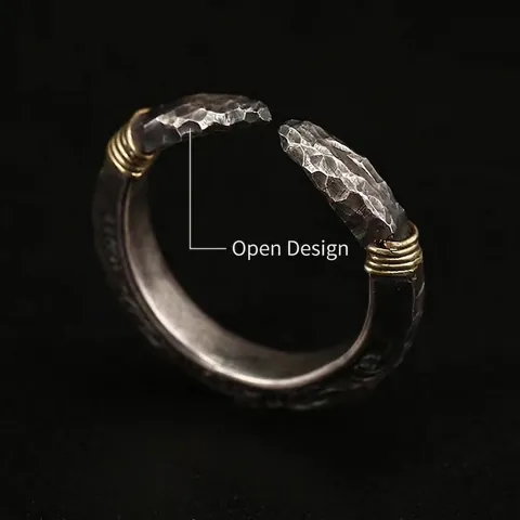 Vintage Legierungsring Für Herren Handgeschnitzt Tang Gras Muster Antik Silber Verstellbar Tribal Ethnisch Stil
