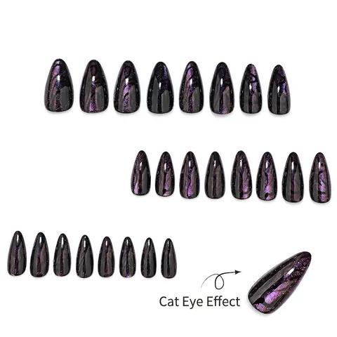 Amandel Kattenoog Kunstnagels Zwart Paars Glinsterende Galaxy Sterrenhemel Stijl Volledige Dekking Voor Dames