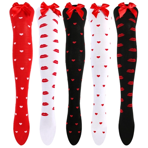 Women Valentine's Day Over The Knee Socks Red Lips Heart Pattern Bow Knee High Stockings Long Thigh High Socks For Dating Party