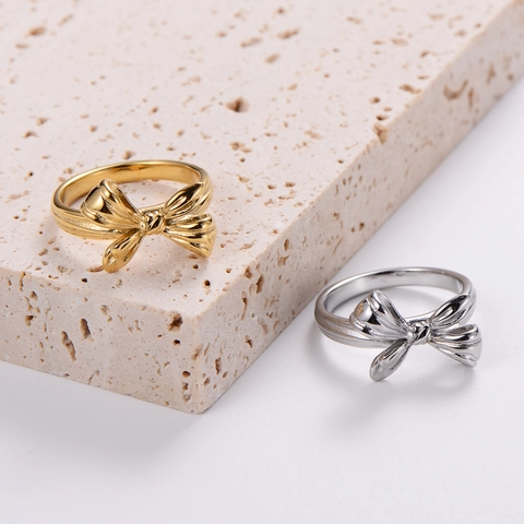 Anello Fiocco Classico Per Donna Acciaio Inossidabile 304 Placcato Oro 18K Semplice Minimalista Nodo Farfalla Lucidato
