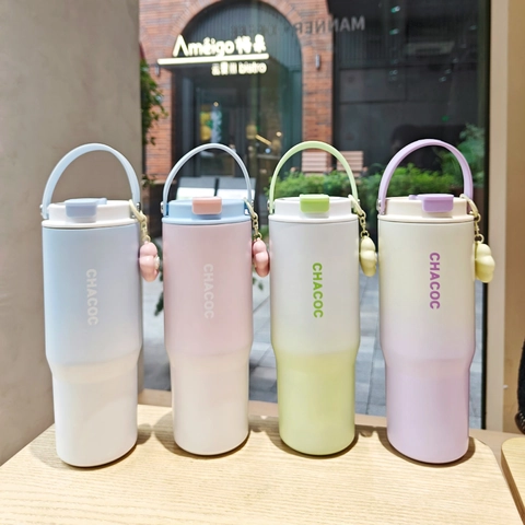 Insulated Water Bottle Stainless Steel Vacuum Flask Portable Handle Gradient Color Dual Drink Lid Straw Coffee Mug