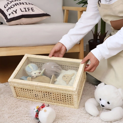 Handmade Woven Storage Basket Box With Transparent Glass Lid Dustproof Desktop Organizer Decorative Home Container
