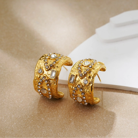 18K Gold Plated Stainless Steel Evil Eye Lava C-Shaped Stud Earrings With Zirconia Inlay Vintage French Jewelry For Women
