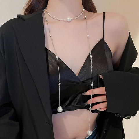 Lange Kwastjes Ketting Met Legering Koper Imitatie Kunstparel Gelaagd Ontwerp Minimalistisch Vintage Elegant Sleutelbeen Ketting Voor Vrouwen