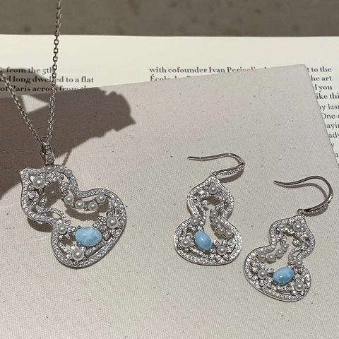 Alloy Zircon Faux Artificial Pearl Gourd Flower Necklace And Ear Hook Earrings For Women Hollow Light Luxury New Chinese Style