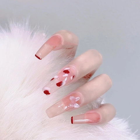 Long Square Press On Nails Sweet Red French Tip With 3D Butterfly And Graffiti Flowers Design Full Cover Fake Nails