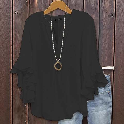 Women V Neck Chiffon Blouse Elegant Ruffle Three Quarter Sleeve Solid Color Casual Loose Business Shirt Top