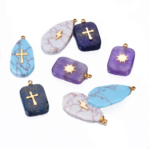 Natural Stone Pendants Stainless Steel Inlaid Cross Sun Lightning Motifs For DIY Jewelry Making