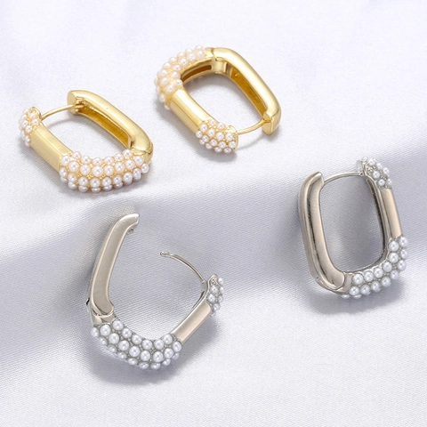 Geometric U-Shaped Hoop Earrings Brass With Imitation Artificial Pearls Fashion Hollow Square Ear Jewelry For Women