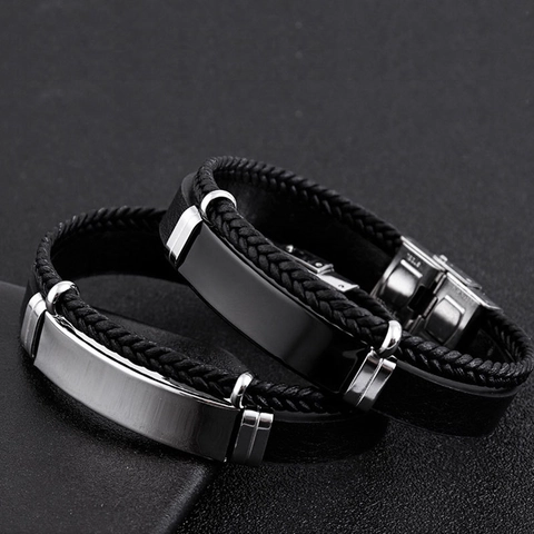 Herren Doppelreihiges Geflochtenes Lederarmband Mit Edelstahlplatte Punk Hip Hop Stil Mode Armreif Accessoire