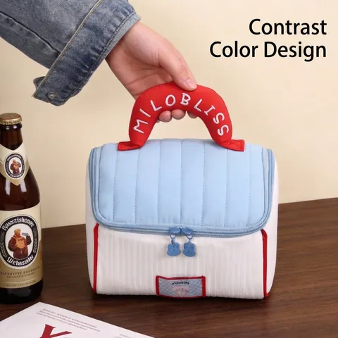 House Shape Makeup Bag Quilted Pleated Handheld Contrast Color Travel Toiletry Organizer Novelty Gift