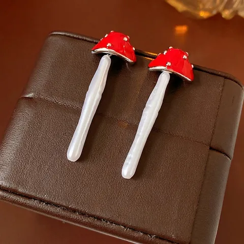 Pendientes De Champiñón Con Aleación Perla Artificial De Imitación Y Poste De Plata De Ley 925 Vintage Esmalte Rojo Joyas Mujer