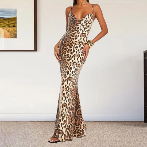 Sexy Leopard Print Sequin Maxi Dress Deep V Neck Backless Spaghetti Strap Fishtail Evening Party Clubwear Bodycon