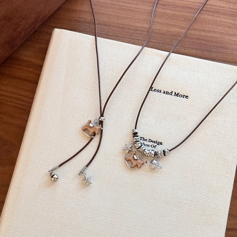 Collier Pendentif Cheval De Bois Rétro Avec Accessoires Planète Étoile En Cuivre Chaîne Longue Pour Pull Pour Femme