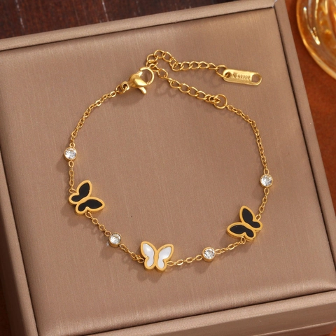 Fashion Stainless Steel Butterfly Bracelet For Women 18K Gold Plated Mother Of Pearl Zirconia Adjustable Chain Jewelry