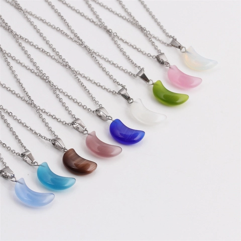 Crescent Moon Pendant Necklace Stainless Steel Chain Alloy Cat Eye Stone Synthetic Opal Vintage Jewelry For Women