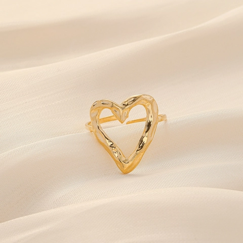 Anillo De Corazón Hueco Textura Martillada Ajustable Acero Inoxidable Elegante Joyería De Moda Para Mujeres