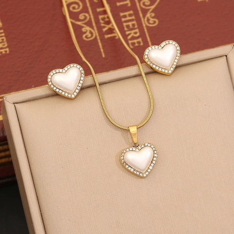 Necklace And Earrings Women Stainless Steel Gold Plated Imitation Artificial Pearl Heart Flower Geometric Pendant Rhinestone Elegant Jewelry