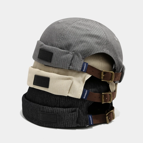 Brimless Docker Hat Cotton Retro Skull Cap Adjustable Leather Strap Hip Hop Miki Hat For Men Women