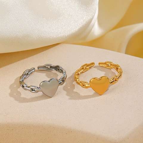 Anillo Abierto Con Motivo De Corazón Acero Inoxidable Bañado En Oro 18K Banda De Cadena Ajustable Joyería De Moda Minimalista Para Mujer