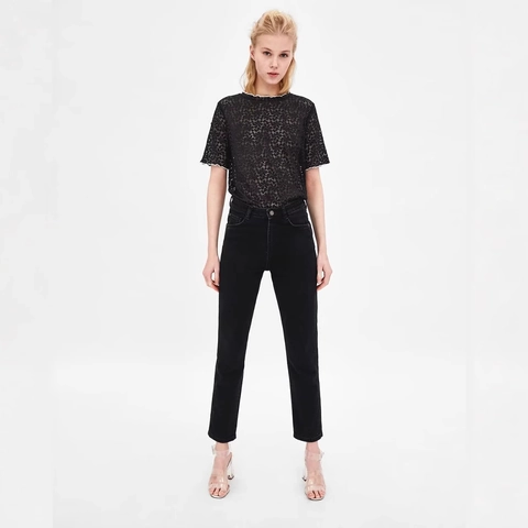 Blusa De Encaje Elegante Para Mujer Manga Corta Cuello Redondo Borde Ondulado En Contraste Floral Calado Vintage Transparente