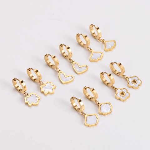 Orecchini A Cerchio In Acciaio Inossidabile Madreperla Placcati Oro 18K Cuore Ginkgo Fiore Per Donna