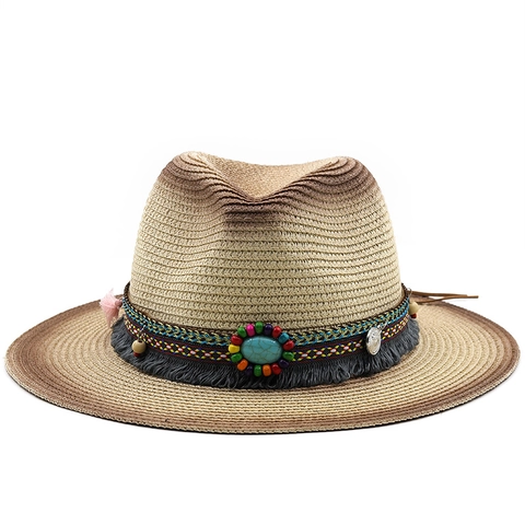 Bohemian Straw Cowboy Hat Wide Brim Gradient Fedora Sun Beach Hat Women Men Ethnic Turquoise Bead Tassel Decor