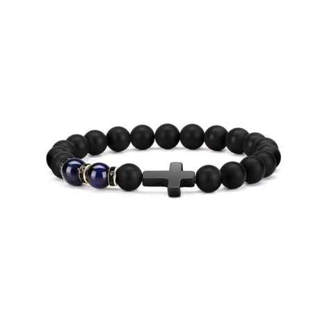 Men Cross Pendant Beaded Bracelet Matte Agate Tiger Eye Stone Elastic Stretch Religious Fashion Jewelry