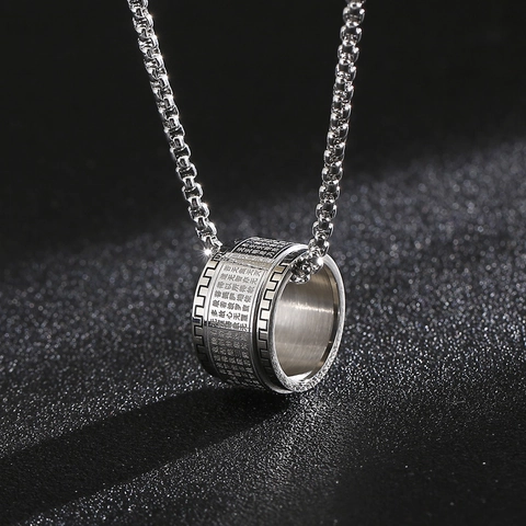 Boeddhistische Hart Soetra Draaiende Ring Hanger Ketting Roestvrij Staal Religieuze Mantra Schrift Lange Ketting Voor Heren