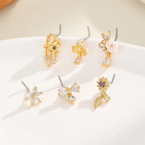L-Shaped Copper 18K Gold Plated Zirconia Nose Studs For Women Personalized Flower Star Moon Butterfly Bowknot Piercing Jewelry