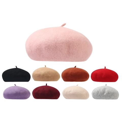 Kids Wool Felt Beret Hat Solid Color Classic French Painter Cap Autumn Winter Warm Adjustable Round Top For Girls Boys