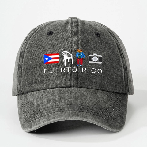 Puerto Rico Washed Polyester Baseball Cap Retro Flag Frog Print Adjustable Sun Hat Outdoor Travel Souvenir Unisex