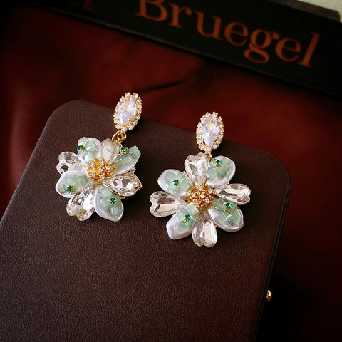 Alloy Blume Hänger Ohrringe Mit 925 Sterling Silber Ohrstecker Strass Kristall Eingelegt Eleganter Französischer Stil