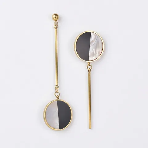 Vintage 18K Verguld Roestvrij Staal Asymmetrische Parelmoer Oorbellen Geometrische Cirkel Oorhangers Voor Dames Sieraden