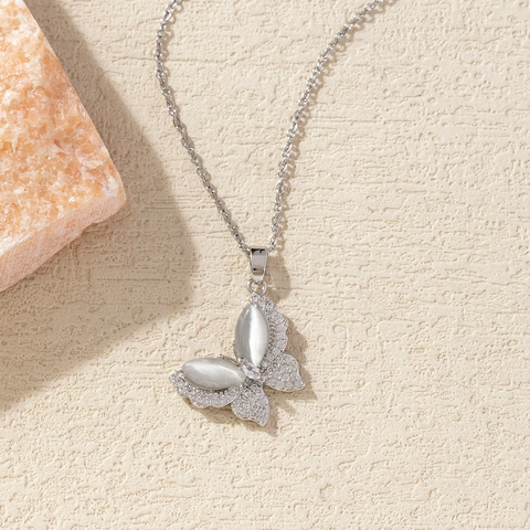 Butterfly Pendant Necklace For Women Copper Zirconia Cat Eye Stone Real Gold Plated Chain Necklace Elegant Jewelry Accessories