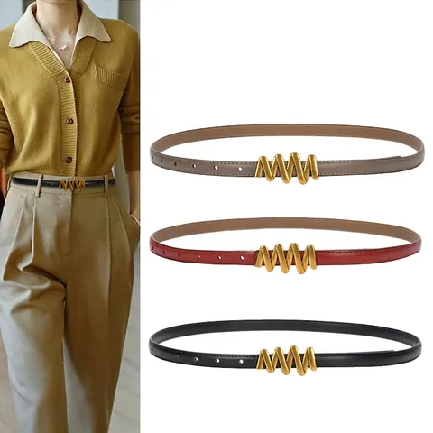 Vintage Women Thin Leather Belt With Golden Wave Alloy Buckle Adjustable Narrow Waist Strap For Dresses Fashion Accessories