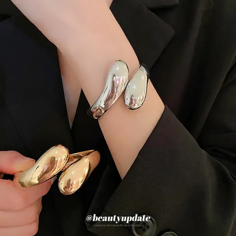 Minimalist Teardrop Water Drop Cuff Bangle Metal Alloy High Polish Mirror Shine Open Adjustable Fashion Hand Jewelry For Women