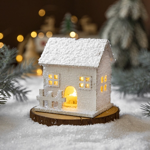 Casa De Nieve De Navidad Con Luz LED Miniatura De Madera Ornamento Decoración De Escritorio Colgante Blanco Invierno Estilo Nórdico