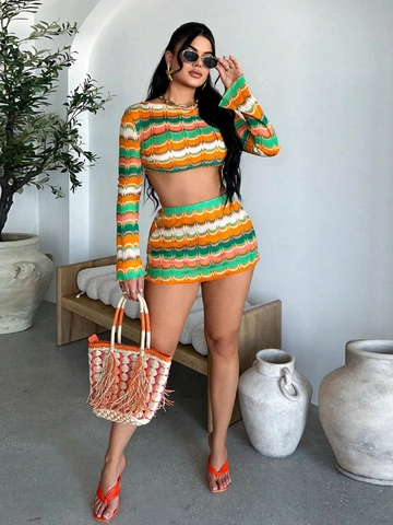 Multi Color Zigzag Pattern Knit Cropped Top And Bodycon Mini Skirt Long Sleeve Vacation Fashion Outfits For Women