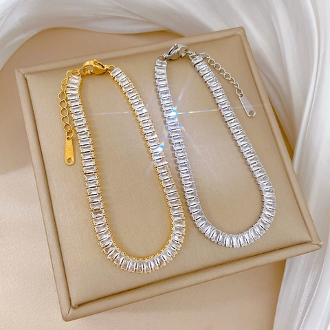 Bracciale Tennis Minimalista Acciaio Inossidabile Zircone Rettangolare Gioiello Scintillante Stile Retrò Donne Regolabile