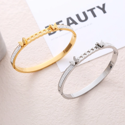 Brazalete de Mariposa de Acero Inoxidable para Mujer Doble Fila de Diamantes de Imitación Joyería de Moda Elegante
