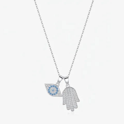 Evil Eye Hamsa Hand Anhänger Halskette 925 Sterling Silber Pavé Zirkonia Blauer Stein Amulett Schmuck Für Damen